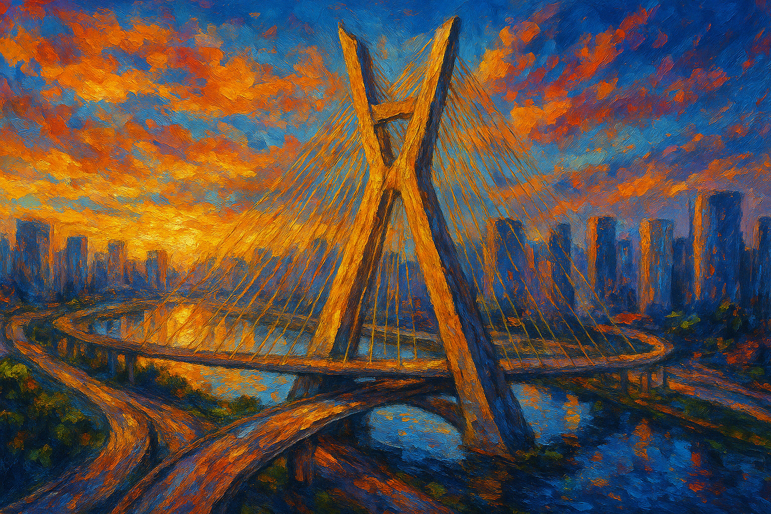 Pintura digital impressionista da Ponte Estaiada em São Paulo ao pôr do sol, com céu vibrante em tons de laranja e azul. A cena retrata a grandiosidade da cidade com maior custo de vida no Brasil, destacando arranha-céus modernos e o movimento urbano ao redor da ponte.