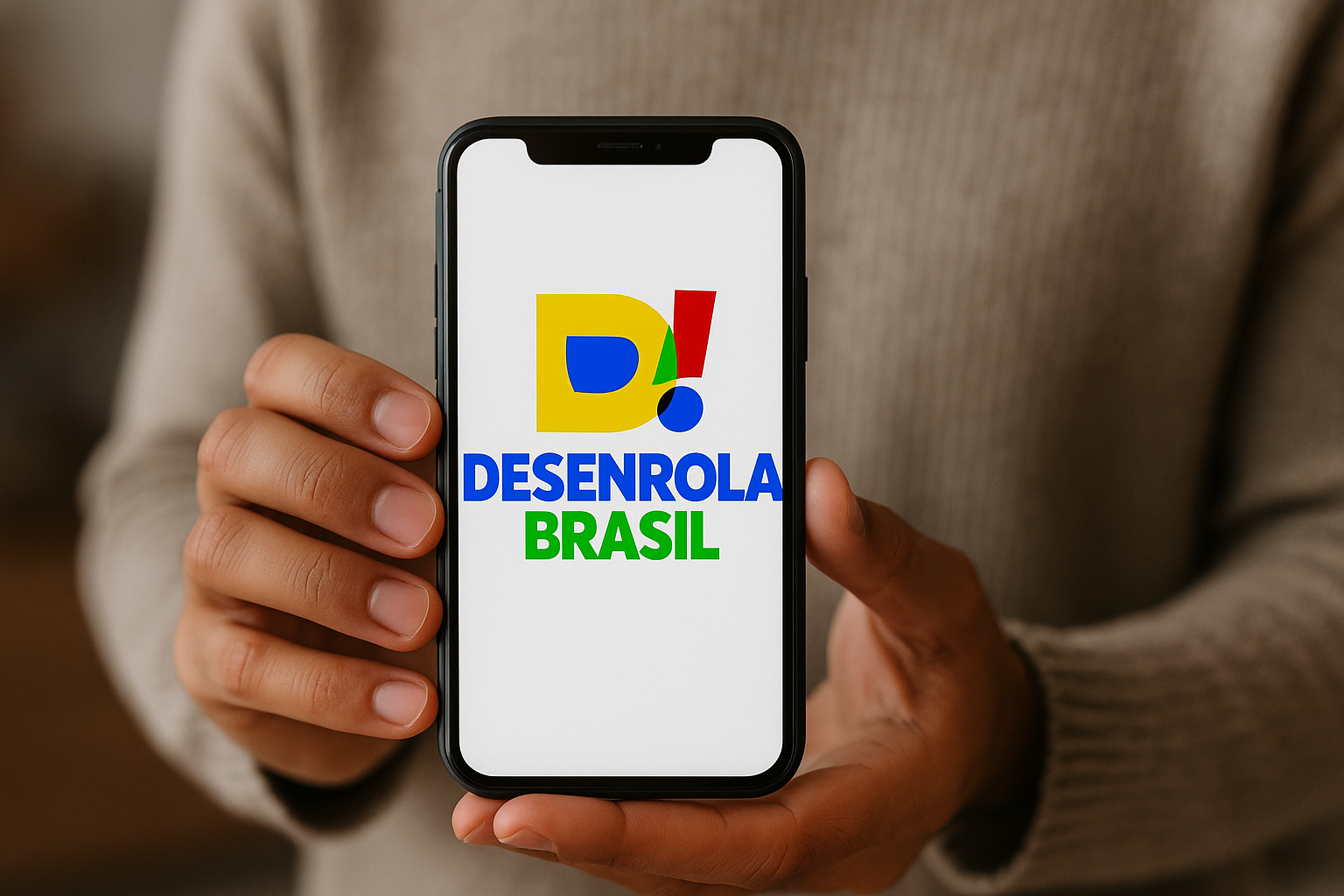 Pessoa segurando um smartphone na posição vertical, com as duas mãos, exibindo na tela o logotipo do programa "Desenrola Brasil". O logotipo é colorido, com um "D" amarelo estilizado, um ponto de exclamação vermelho e a inscrição "DESENROLA" em azul e "BRASIL" em verde, sobre um fundo branco. A pessoa veste um suéter de tom neutro, e o fundo está desfocado, destacando o aparelho e a imagem na tela.