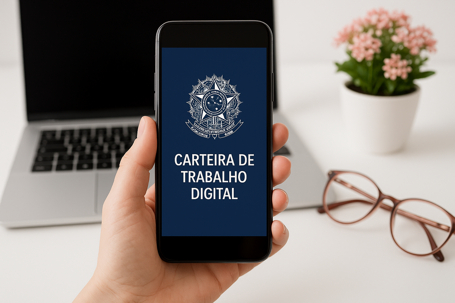 Pessoa segurando um smartphone que exibe na tela o aplicativo oficial da carteira de trabalho digital, com o fundo composto por uma mesa branca, um notebook moderno, um par de óculos femininos e um vaso de flores com pequenas flores rosadas, compondo um ambiente de trabalho organizado e elegante.