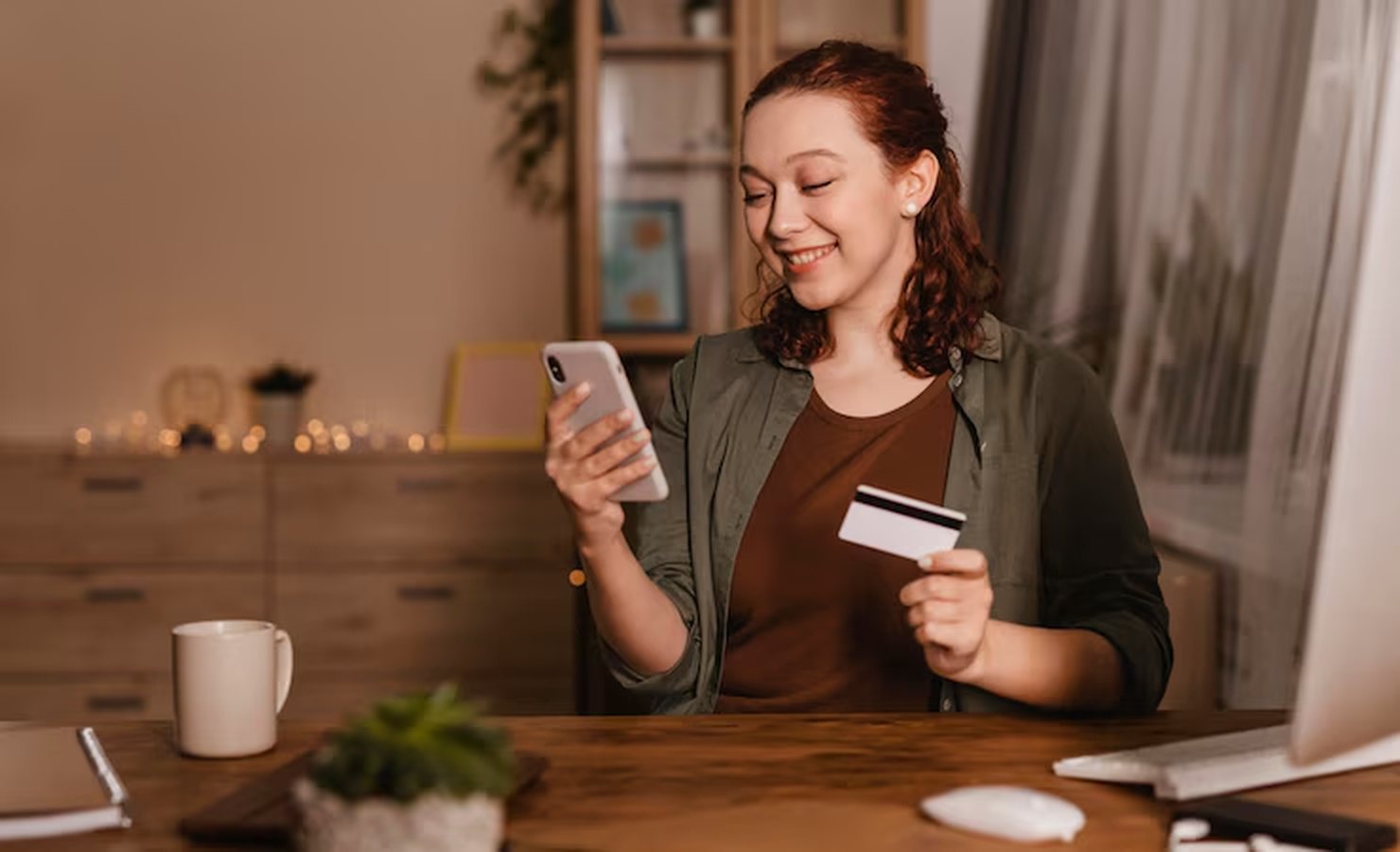 Mulher sorridente em ambiente doméstico segura um cartão de crédito em uma mão e um celular na outra, representando uma atitude positiva e responsável ao utilizar recursos financeiros — conceito alinhado ao princípio do crédito consciente.