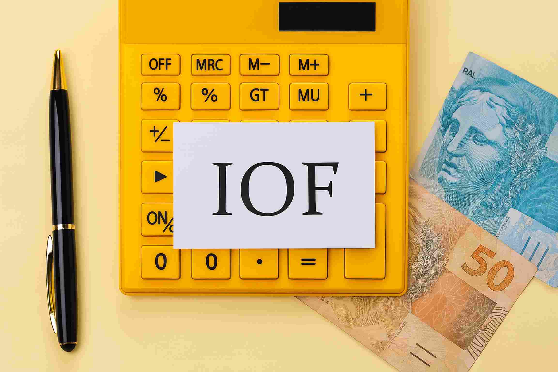 Calculadora amarela com uma nota escrita 'IOF' sobre as teclas, acompanhada de cédulas de real brasileiro e uma caneta preta com detalhes dourados, representando o conceito de cálculo de imposto sobre operações financeiras no Brasil.