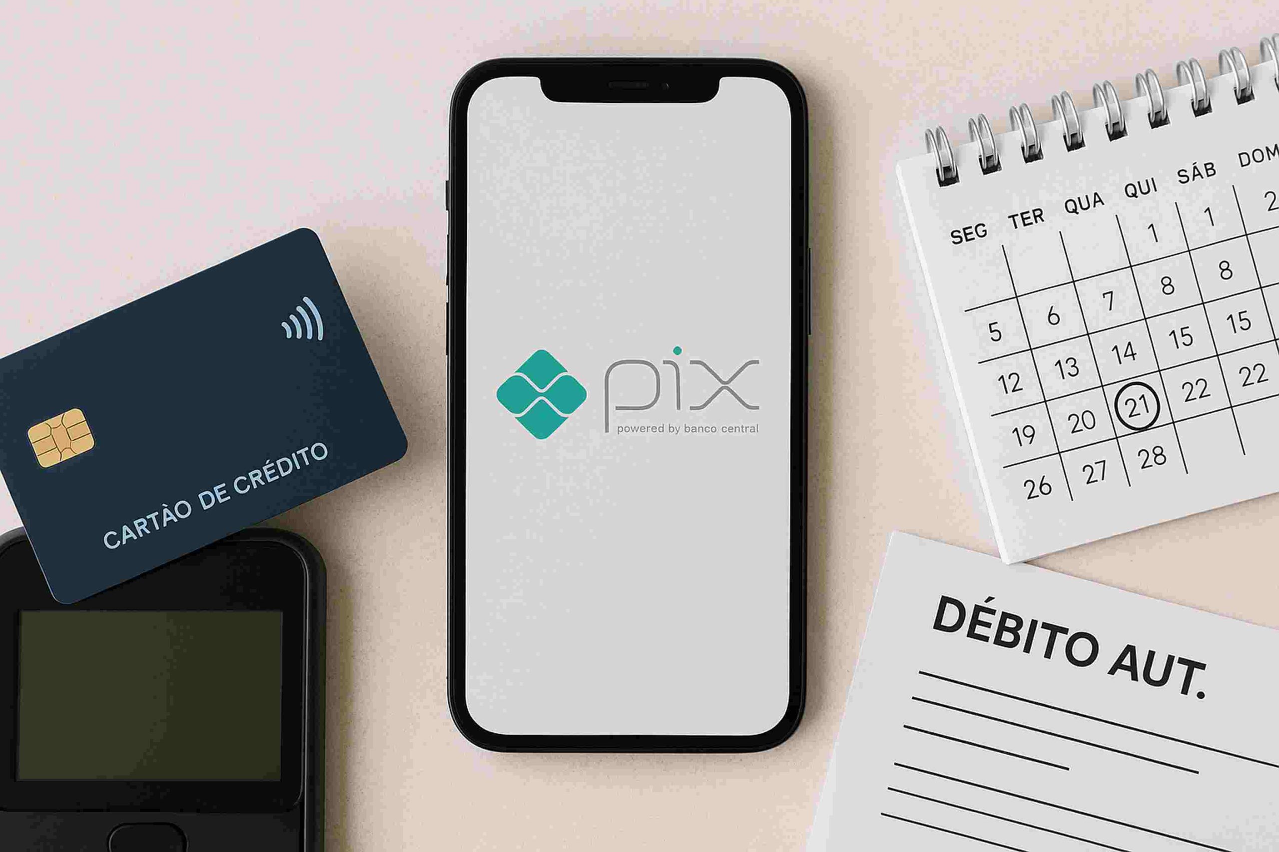 Celular exibindo o logo do Pix ao centro de uma composição minimalista com cartão de crédito por aproximação, maquininha, calendário com dias da semana em português e folha com a inscrição “DÉBITO AUT.”, representando diferentes formas de pagamento digital.