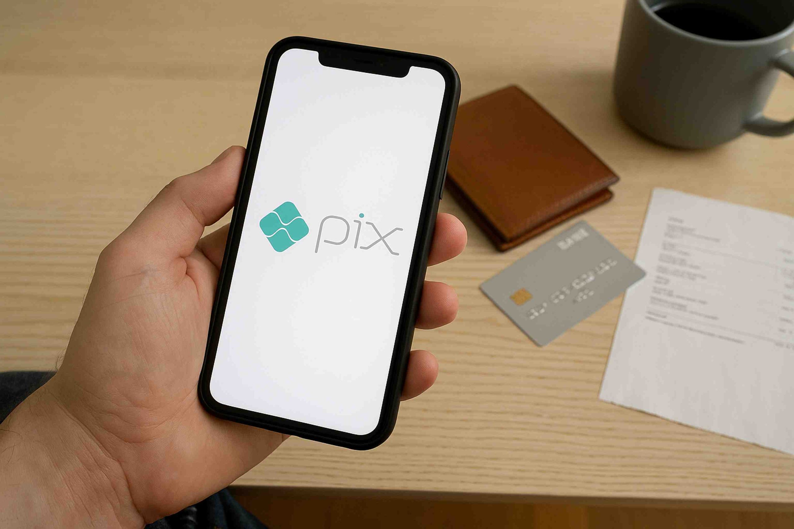 Pessoa segurando um smartphone com o logotipo do Pix exibido na tela, posicionada sobre uma mesa de madeira clara com carteira de couro, cartão bancário e caneca cinza ao fundo, representando uma situação de transação financeira digital.
