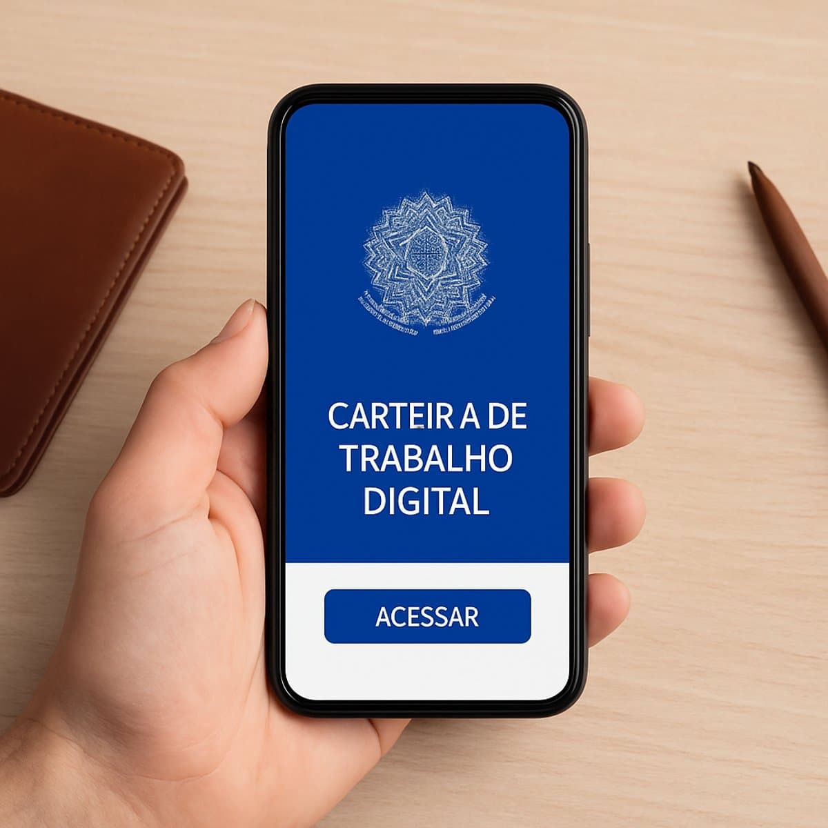 Mão segurando um smartphone com o ecrã exibindo a interface da “Carteira de Trabalho Digital” em azul, com o brasão de Portugal e o botão “Acessar”. O telemóvel está sobre uma mesa de madeira clara, ao lado de uma carteira e uma caneta, em ambiente bem iluminado e minimalista.