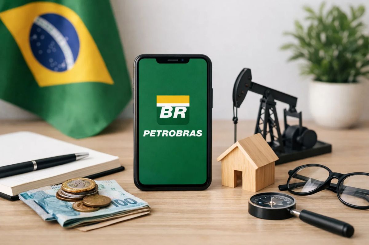 Imagem ilustrando novidades sobre ações da Petrobras, com um smartphone exibindo o aplicativo da empresa, cédulas e moedas de real sobre a mesa, um modelo de bomba de petróleo, uma casa em miniatura, bússola e óculos, além da bandeira do Brasil ao fundo, representando como comprar ações da Petrobras, onde investir, as principais plataformas disponíveis e os riscos envolvidos nos investimentos.