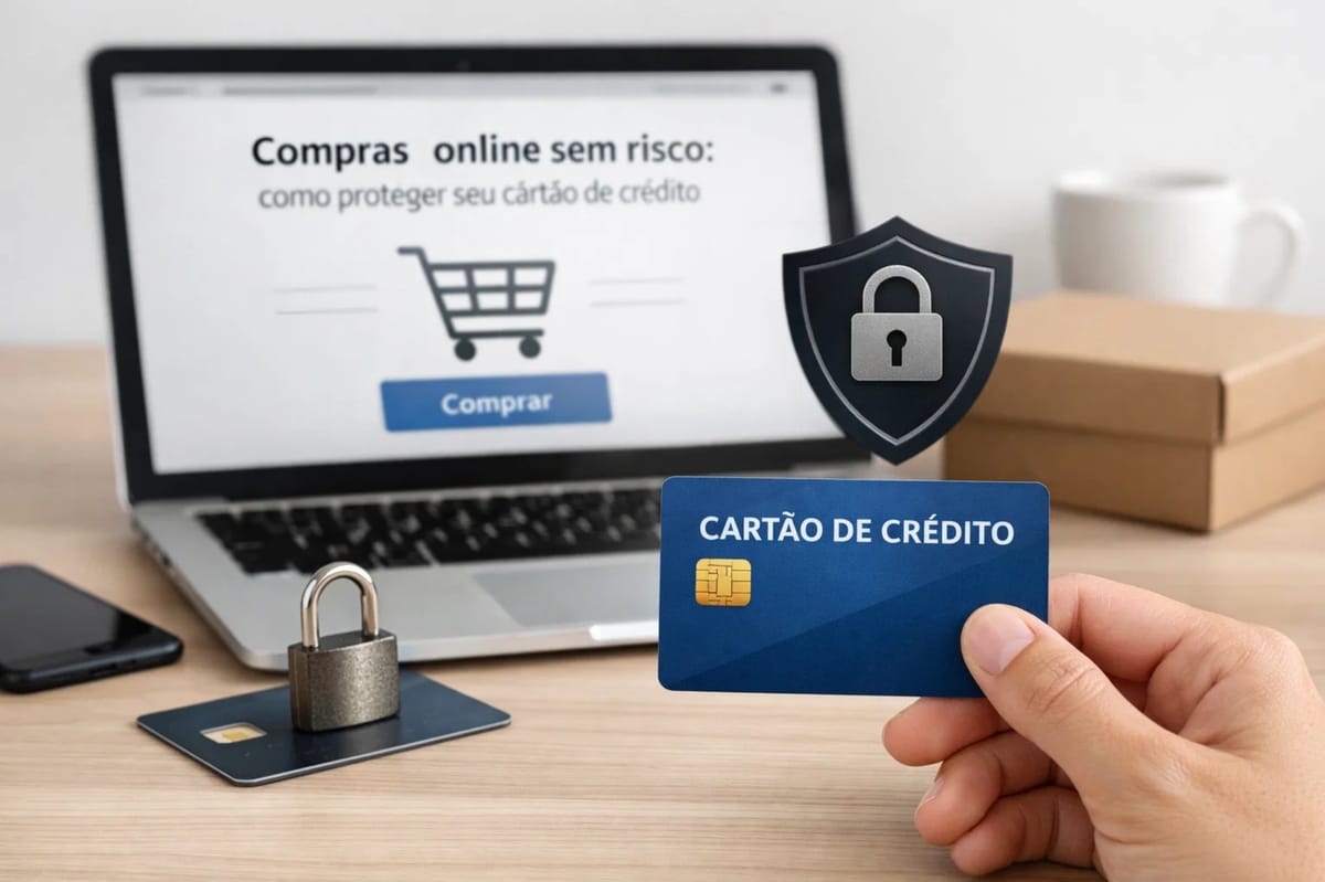 Imagem ilustrativa sobre segurança em compras online, mostrando uma mão segurando um cartão de crédito azul à frente de um notebook com a mensagem “compras online sem risco”, acompanhada de ícones de cadeado e escudo de proteção, representando cuidados com dados financeiros, prevenção contra fraudes e novidades em segurança digital para consumidores.