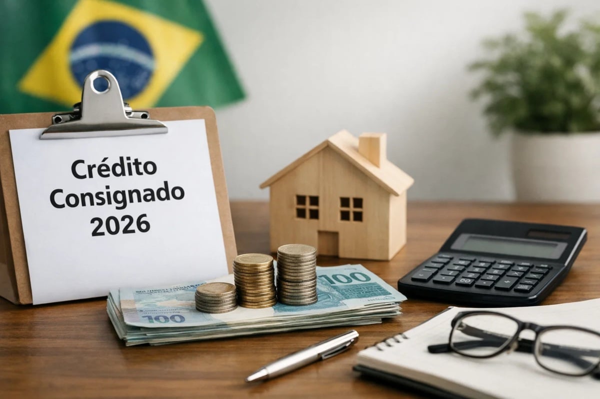Cena de planejamento financeiro com destaque para um clipboard escrito “Crédito Consignado 2026”, acompanhado de pilhas de moedas, notas de real, uma casa de madeira, calculadora e caderno sobre uma mesa, com a bandeira do Brasil ao fundo, representando as novidades do crédito consignado em 2026 como alternativa para organizar as finanças, equilibrar o orçamento e colocar as contas em ordem.