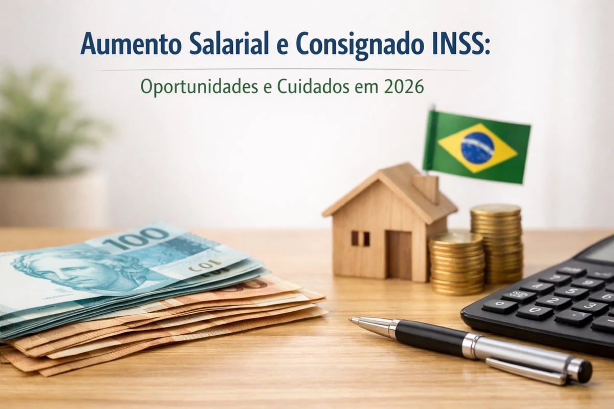 Mesa de planejamento financeiro com notas de real, pilhas de moedas, uma casa de madeira, calculadora e caneta, ao lado de uma pequena bandeira do Brasil, ilustrando as novidades sobre aumento salarial e crédito consignado do INSS em 2026, com foco em oportunidades, cuidados financeiros e organização do orçamento doméstico.