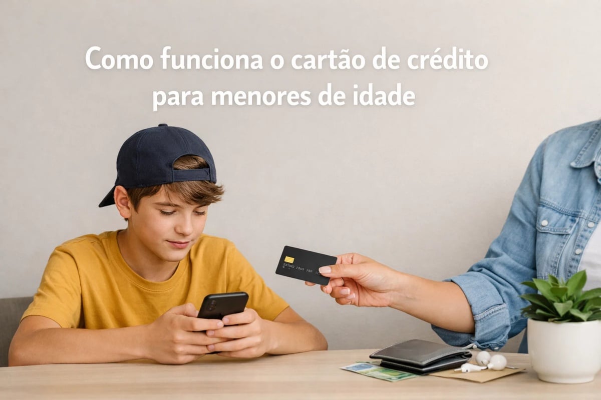 Criança sentada à mesa utilizando um smartphone enquanto um adulto lhe entrega um cartão de crédito, ilustrando como funciona o cartão de crédito para menores de idade. A cena mostra um ambiente doméstico, com carteira, dinheiro e objetos do dia a dia sobre a mesa, reforçando as novidades no uso de meios de pagamento e na educação financeira infantil com supervisão dos responsáveis.