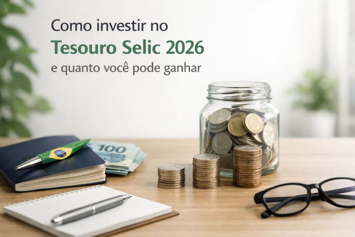 Imagem ilustrativa sobre como investir no Tesouro Selic 2026, mostrando um pote de vidro com moedas, pilhas de moedas organizadas em ordem crescente, cédulas de real ao fundo, um caderno com caneta e óculos sobre a mesa. O texto destaca “Como investir no Tesouro Selic 2026 e quanto você pode ganhar”, reforçando o tema de planejamento financeiro, rentabilidade e novidades sobre investimentos no Brasil.