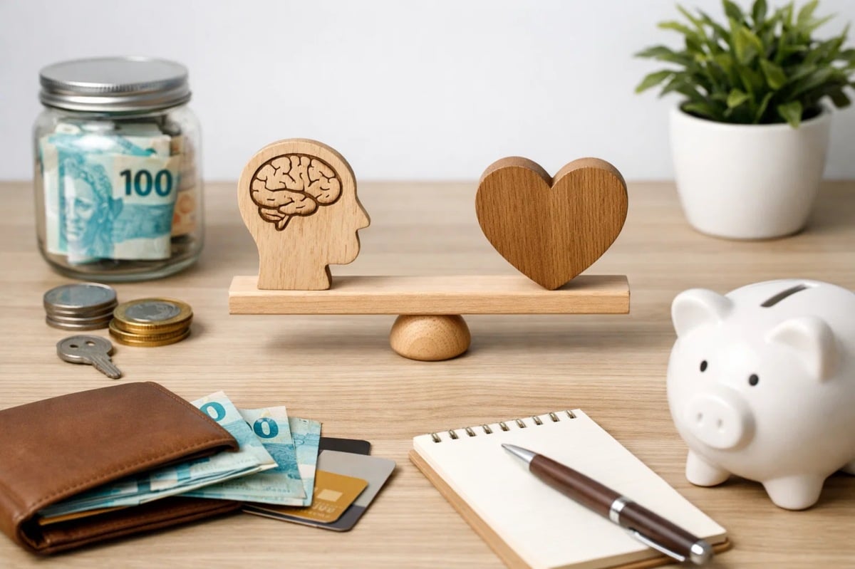 Imagem conceitual sobre comportamento financeiro mostrando uma pequena balança de madeira sobre uma mesa, equilibrando um ícone de cabeça com cérebro (representando decisões racionais) e um coração (representando emoções). Ao redor aparecem elementos financeiros como carteira com dinheiro e cartões, moedas, um cofre em formato de porquinho, um caderno com caneta e um pote com cédulas ao fundo, simbolizando planejamento financeiro, escolhas conscientes e novidades no comportamento das pessoas ao lidar com dinheiro e orçamento pessoal.