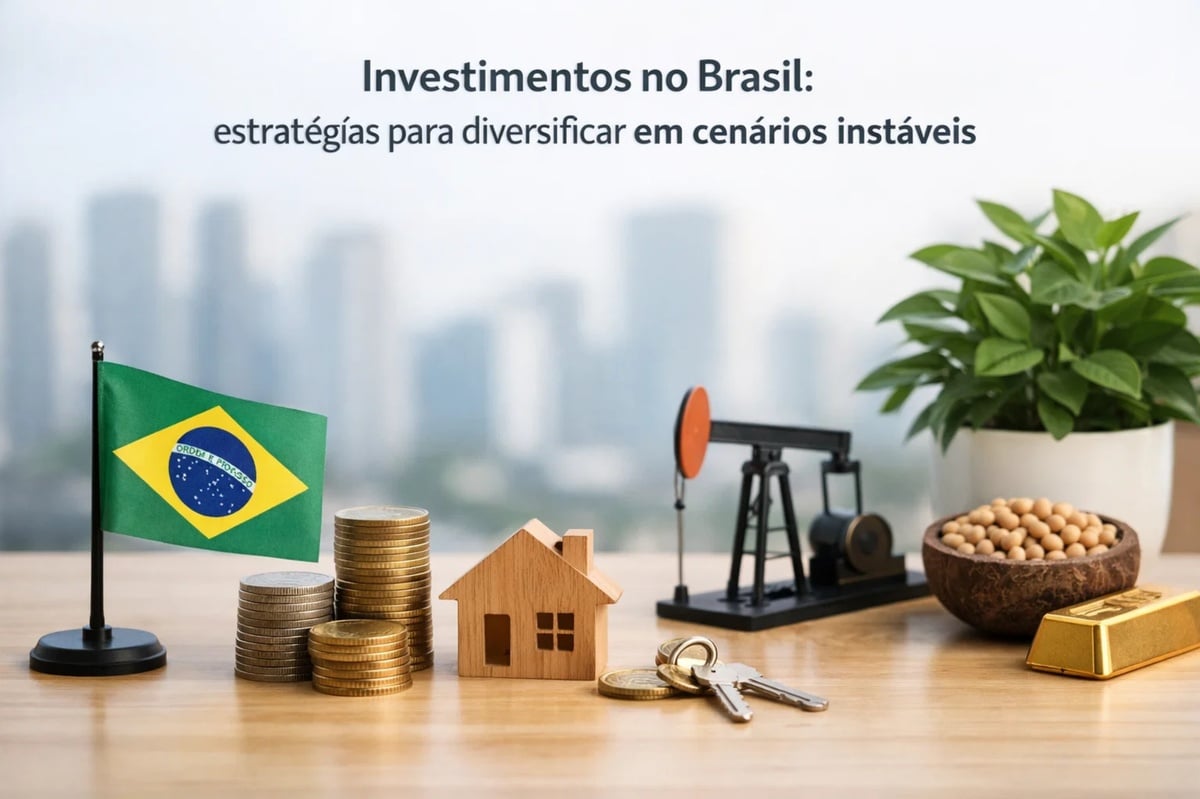 Imagem ilustrativa sobre finanças no Brasil mostrando uma bandeira brasileira ao lado de pilhas de moedas, uma miniatura de casa de madeira e um chaveiro com chaves, representando investimentos imobiliários e economia doméstica, enquanto ao fundo aparecem um modelo de bomba de petróleo, grãos agrícolas e uma barra de ouro, simbolizando diversificação em finanças em diferentes setores econômicos em cenários instáveis.