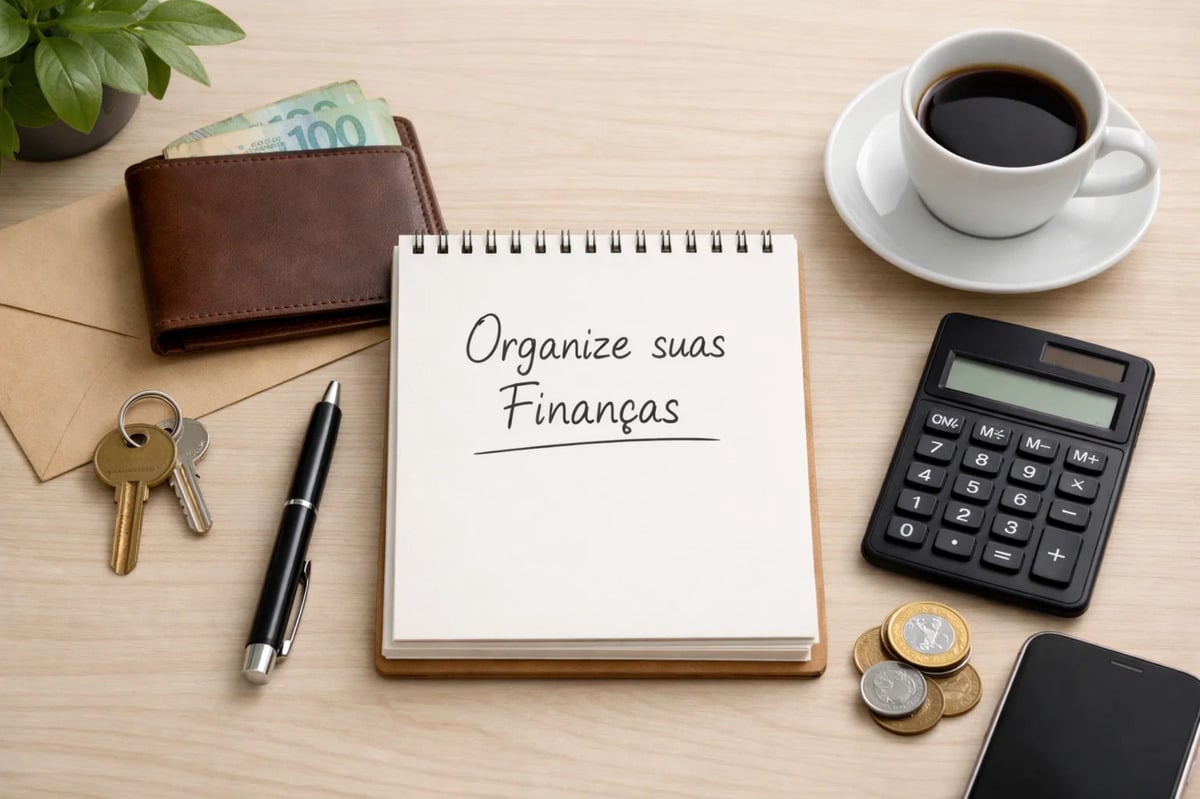 Mesa organizada com carteira contendo dinheiro, chaves, calculadora, moedas, celular, caneta e uma xícara de café ao lado de um caderno com a frase “Organize suas Finanças”, representando estratégias práticas para organizar suas finanças pessoais, planejamento do orçamento e controle de gastos, além de acompanhar novidades e hábitos que ajudam a melhorar a saúde financeira no dia a dia.