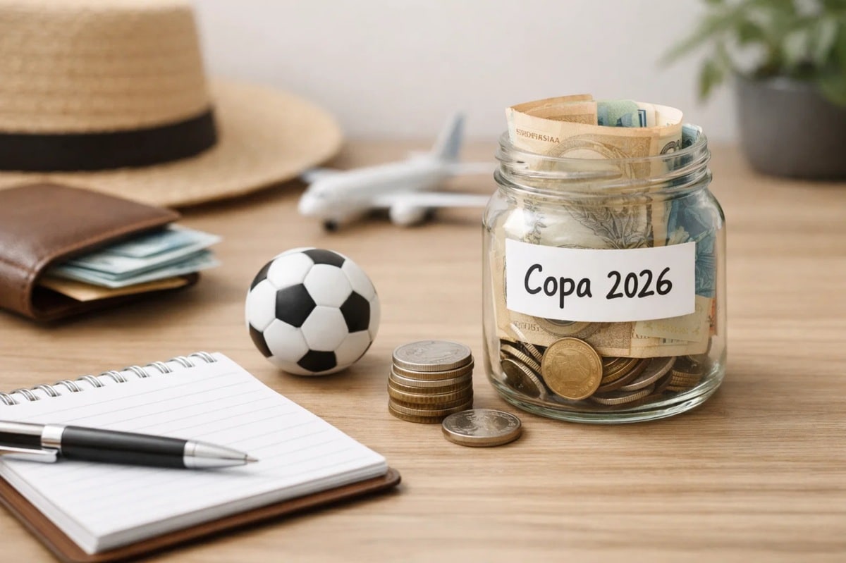 Planejamento para a Copa 2026: como guardar dinheiro sem sufoco, representado por um pote de vidro etiquetado “Copa 2026” cheio de moedas e cédulas sobre uma mesa, ao lado de uma bola de futebol, pilhas de moedas, carteira aberta com dinheiro, caderno com caneta e um pequeno avião ao fundo, simbolizando organização financeira, metas de economia e novidades sobre como se preparar para realizar o sonho da viagem sem comprometer o orçamento.