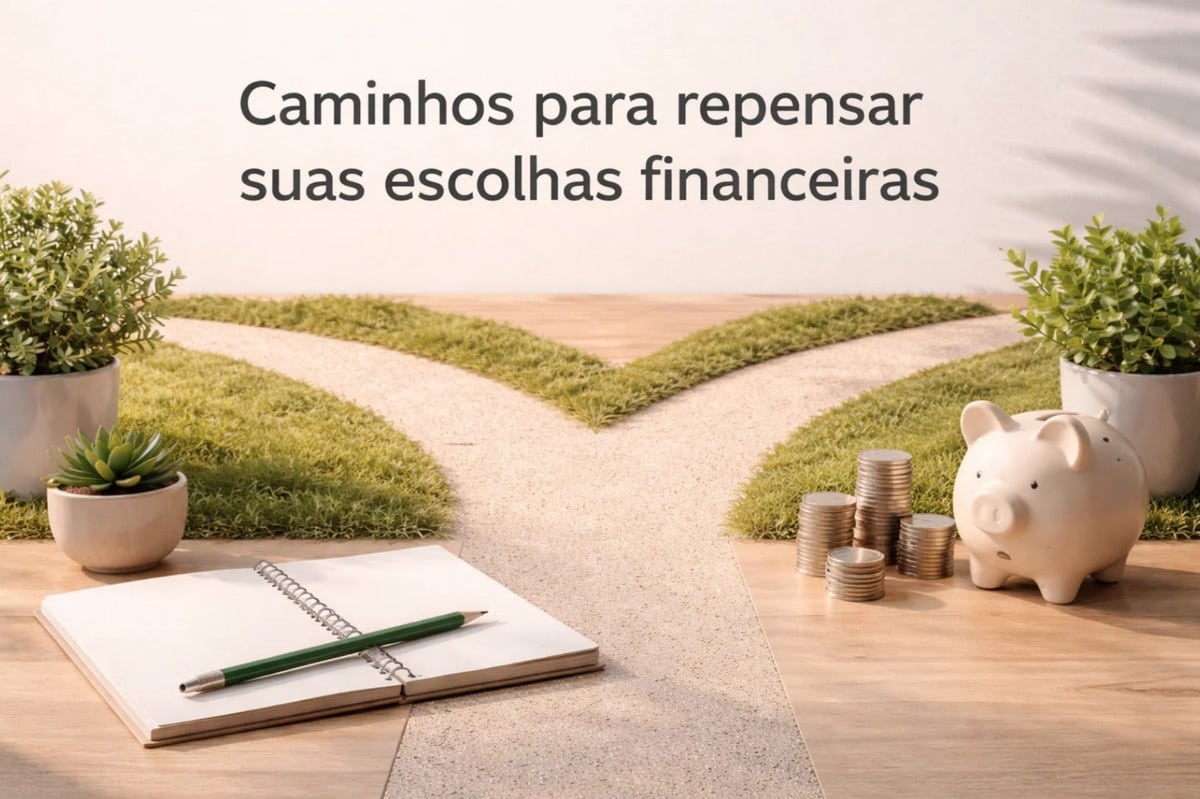 Cenário conceitual de planejamento financeiro mostrando um caminho que se divide em duas direções sobre uma mesa de madeira, simbolizando decisões e estratégias para repensar escolhas financeiras. Ao lado aparecem um cofrinho, pilhas de moedas, um caderno aberto com lápis e plantas decorativas, representando organização, planejamento e acompanhamento de novidades que ajudam a melhorar a gestão do dinheiro e orientar escolhas financeiras mais conscientes no dia a dia.