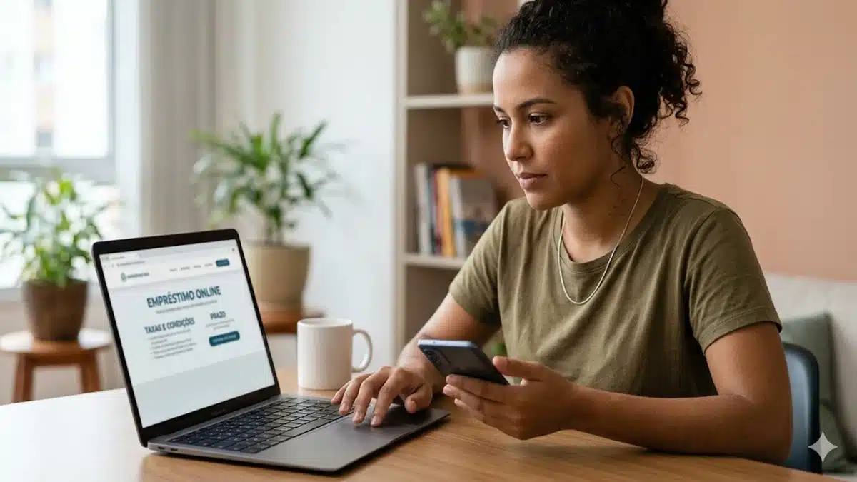 Mulher analisando opções de empréstimo online em um notebook enquanto segura o celular, sentada em casa com ambiente organizado, representando pesquisa de taxas, comparação de crédito e tomada de decisão financeira sobre empréstimo no Brasil.