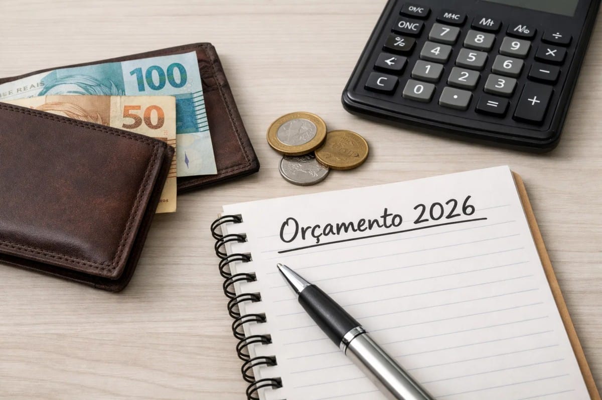 Carteira de couro aberta com notas de real (R$50 e R$100), moedas ao lado, calculadora e um caderno com a anotação “Orçamento 2026” sobre uma mesa clara, transmitindo organização financeira. A cena representa finanças pessoais no Brasil em 2026, com foco em planejamento, controle de gastos e adaptação do orçamento à inflação. A presença da calculadora e do caderno sugere análise cuidadosa das despesas e busca por equilíbrio financeiro em um cenário econômico desafiador.
