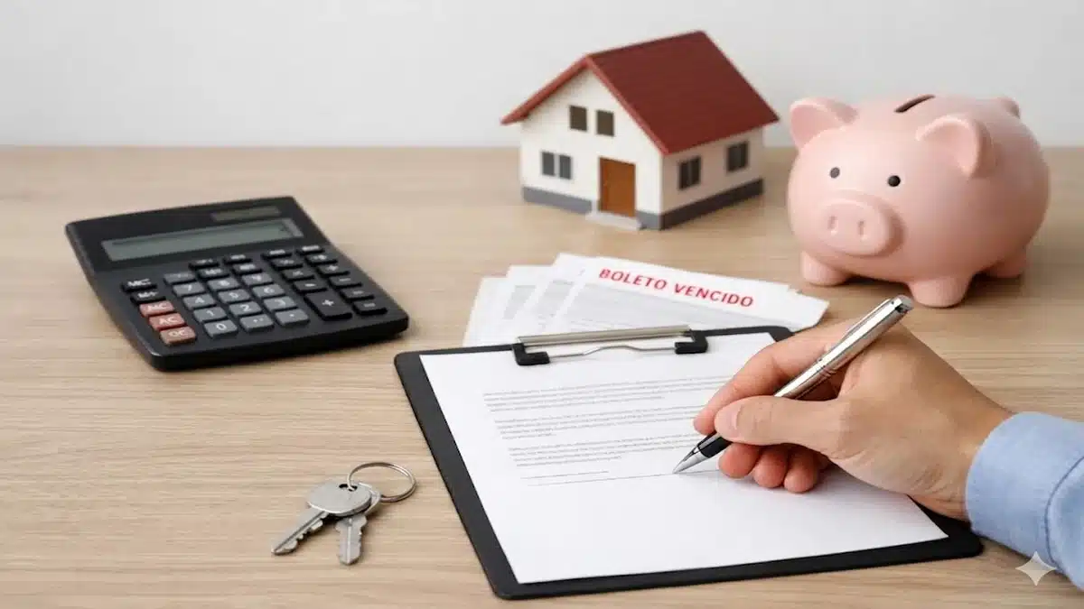 Uma cena em close mostrando uma pessoa assinando um documento financeiro em uma prancheta, com uma calculadora, uma maquete de casa, um cofrinho, chaves e um boleto vencido sobre a mesa, representando planejamento financeiro, gestão de dívidas e decisões relacionadas a empréstimo e orçamento pessoal.