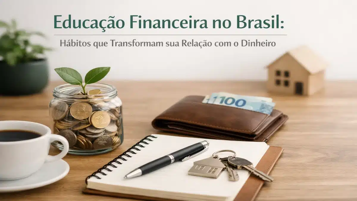 Cena de finanças pessoais no Brasil com pote de vidro cheio de moedas e uma planta crescendo, ao lado de carteira com notas de dinheiro, caderno com caneta e chaves de casa sobre mesa de madeira, representando organização financeira, educação financeira e finanças domésticas.