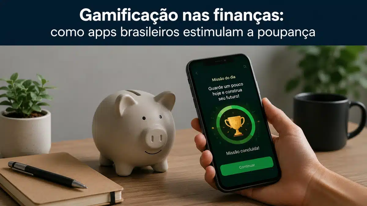 Imagem realista e minimalista sobre novidades em gamificação nas finanças no Brasil. Em uma mesa de madeira clara, um celular exibe um aplicativo financeiro gamificado com troféu digital e mensagem de missão concluída, ao lado de um cofrinho em formato de porco, caderno, caneta e plantas decorativas desfocadas ao fundo. No topo da imagem, o título “Gamificação nas finanças: como apps brasileiros estimulam a poupança” aparece em destaque sobre faixa azul escura. Ambiente moderno, iluminação suave e composição limpa que remete à educação financeira, poupança e tecnologia.
