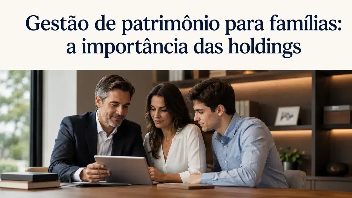 Família reunida em um escritório moderno e elegante analisando informações em um tablet sobre gestão patrimonial e holdings familiares. A cena transmite organização, planejamento sucessório e segurança financeira, com iluminação suave, ambiente minimalista e foco em finanças e proteção de patrimônio familiar.