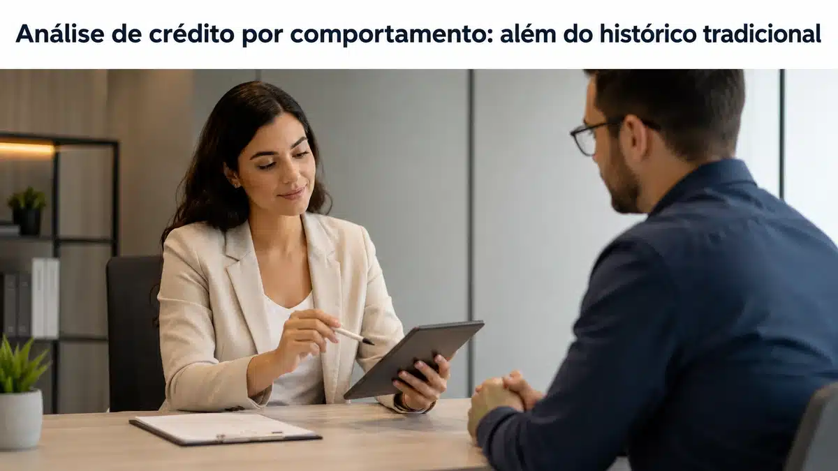 Mulher executiva apresenta informações em um tablet para um cliente em um escritório moderno e minimalista, representando análise comportamental para aprovação de empréstimo e crédito além do histórico financeiro tradicional. O título “Análise de crédito por comportamento: além do histórico tradicional” aparece destacado no topo da imagem.